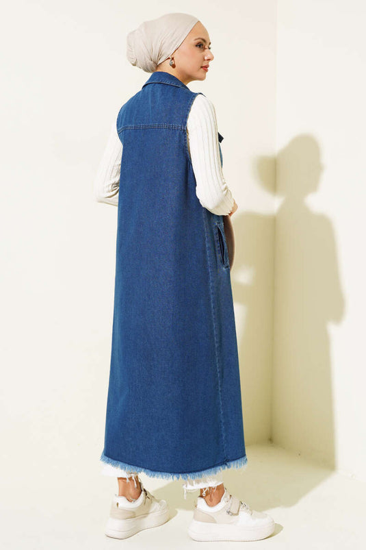 Gilet Long Boutonné En Jean Bleu Marine