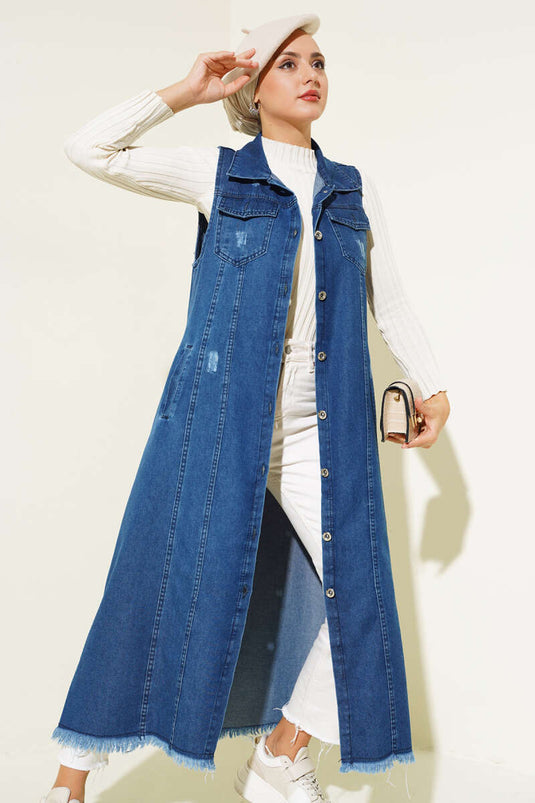 Gilet Long Boutonné En Jean Bleu Marine