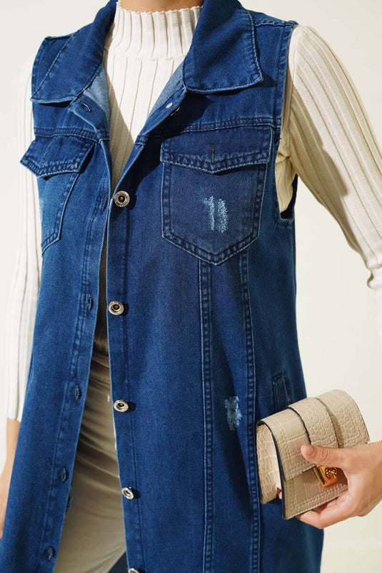 Gilet Long Boutonné En Jean Bleu Marine