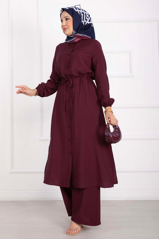 Boydan Düğmeli Uzun Tunik Pantolon Takım Bordo