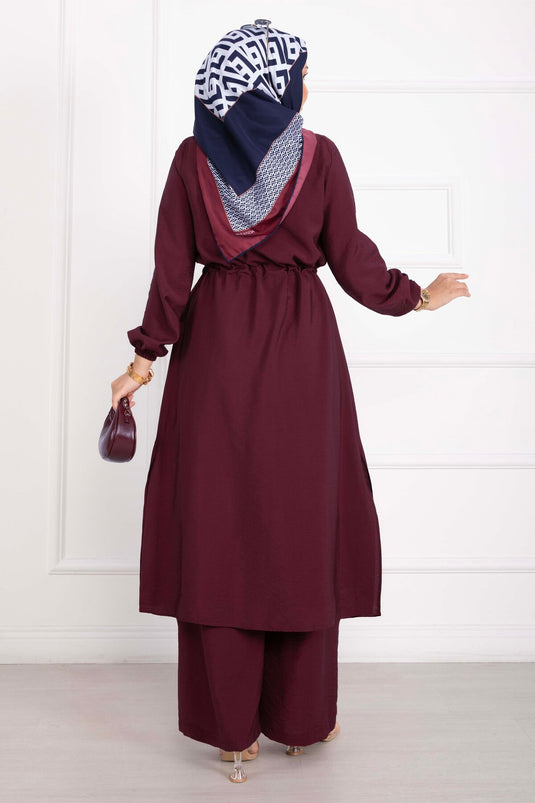 Boydan Düğmeli Uzun Tunik Pantolon Takım Bordo
