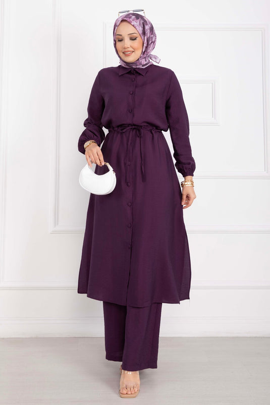 Boydan Düğmeli Uzun Tunik Pantolon Takım Mürdüm