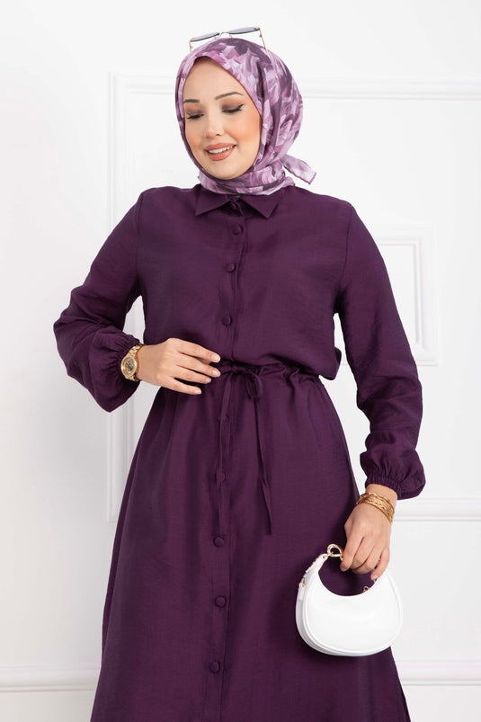Boydan Düğmeli Uzun Tunik Pantolon Takım Mürdüm