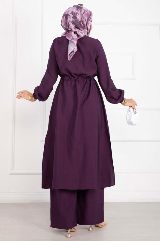 Boydan Düğmeli Uzun Tunik Pantolon Takım Mürdüm
