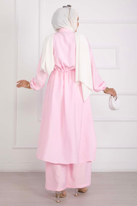Boydan Düğmeli Uzun Tunik Pantolon Takım Pembe