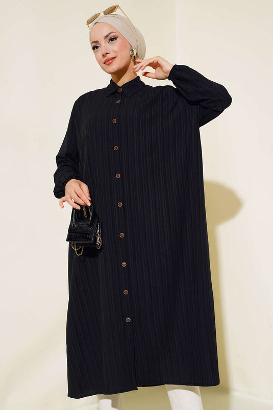 Boydan Düğmeli Uzun Tunik Siyah