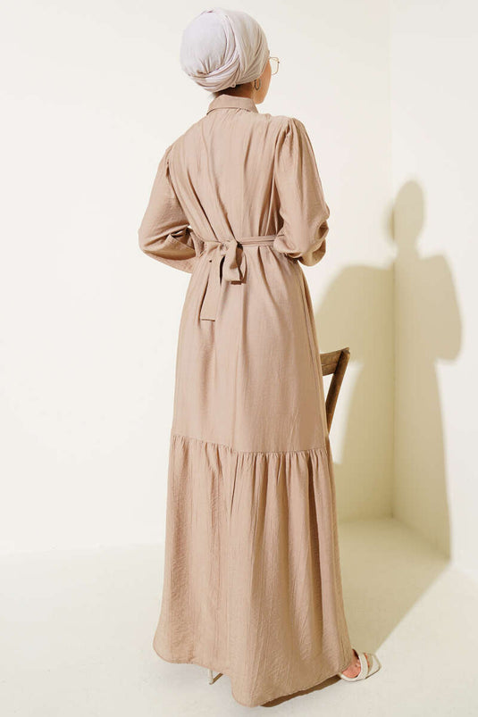 Robe boutonnée à volants couleur café au lait