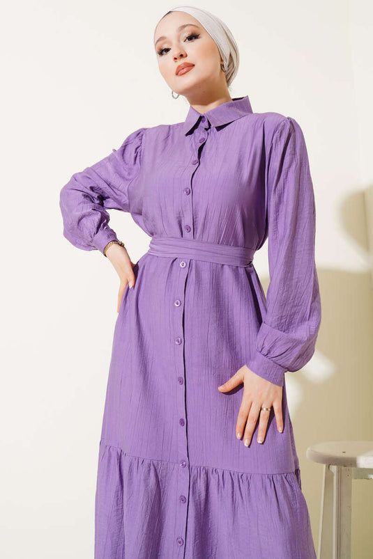 Boydan Düğmeli Volanlı Elbise Lila