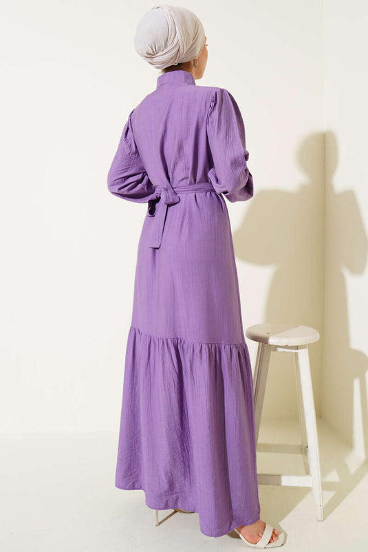 Boydan Düğmeli Volanlı Elbise Lila