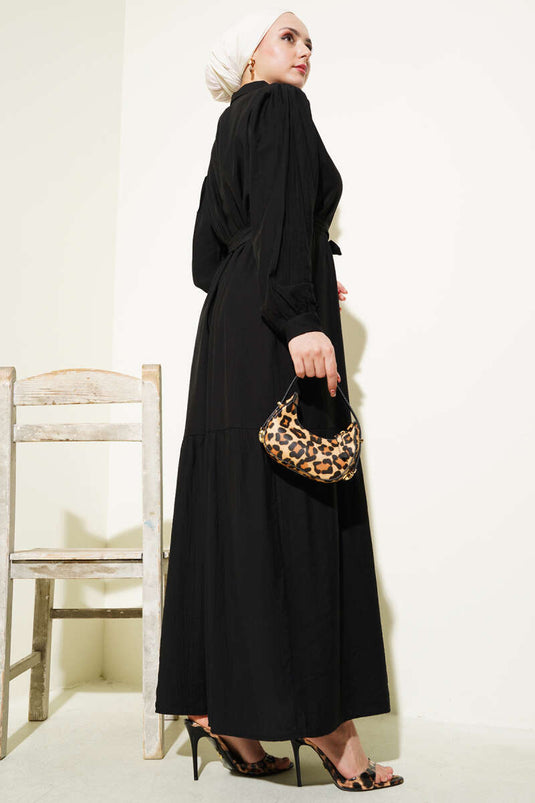 Geknöpftes Volantkleid Schwarz