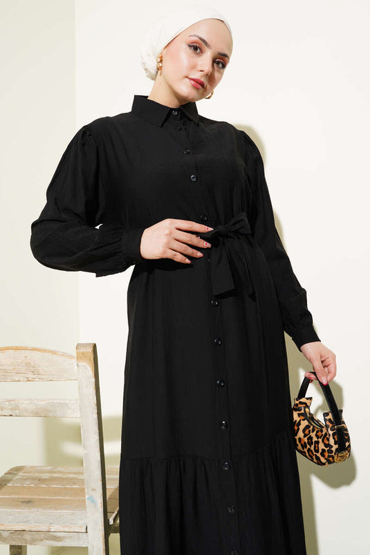 Geknöpftes Volantkleid Schwarz