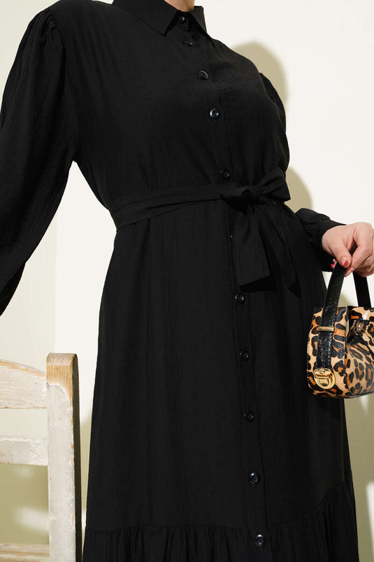 Geknöpftes Volantkleid Schwarz