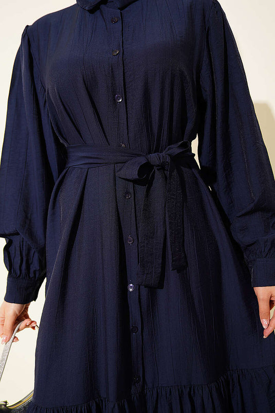 Navy Blue Dress with Full Buttons, Ruffles, and Belt