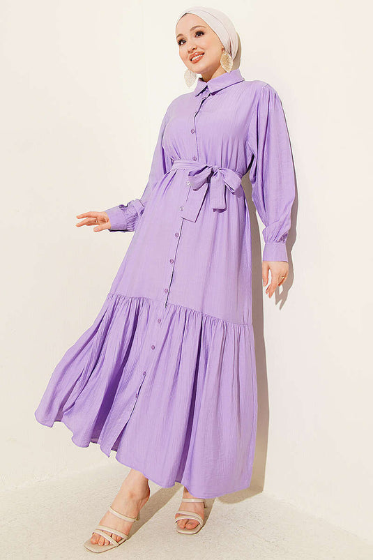 Buttoned Ruffled Belted Dress Lilac
