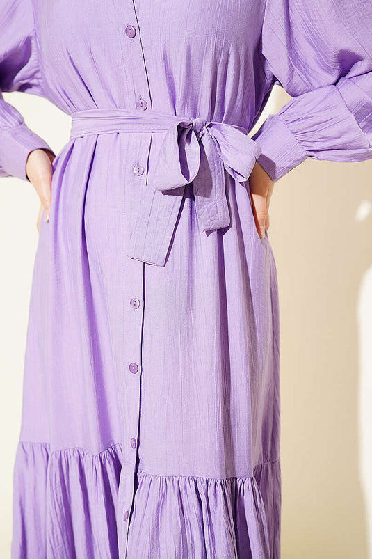 Buttoned Ruffled Belted Dress Lilac