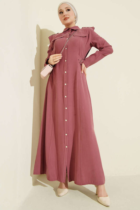 Full-Length Dress with Side Belt and Buttons in Dusty Rose