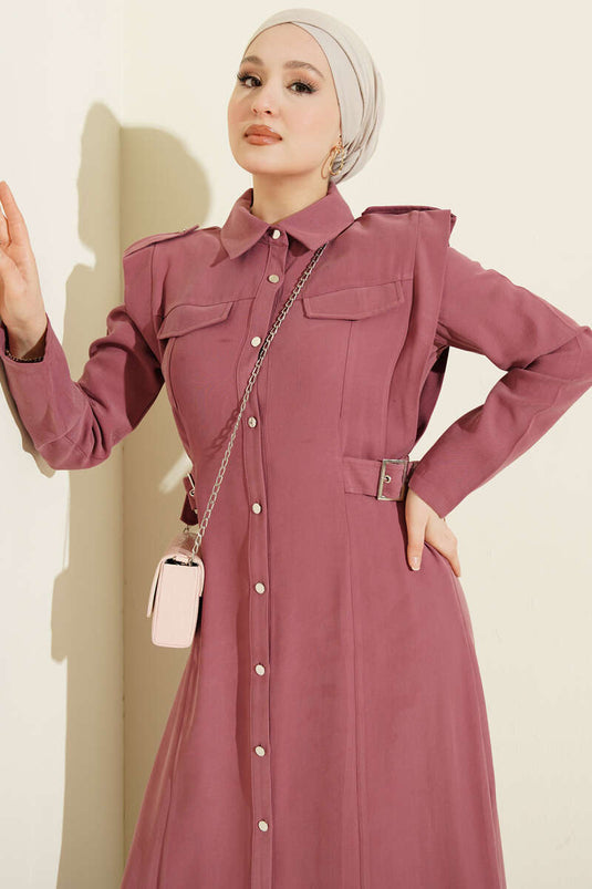 Boydan Düğmeli Yan Kemerli Tensel Elbise Gül Kurusu