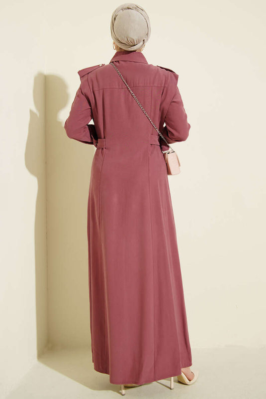 Boydan Düğmeli Yan Kemerli Tensel Elbise Gül Kurusu