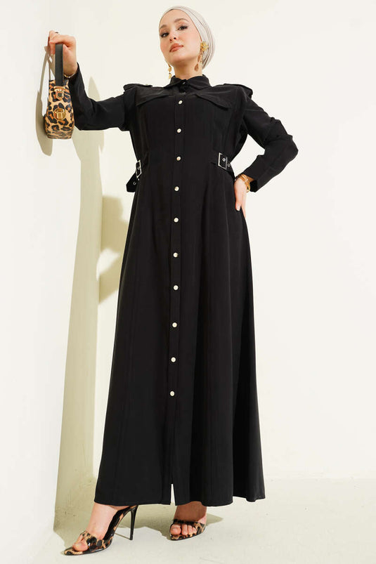 Full-Length Dress with Side Belt and Buttons, Tencel, Black