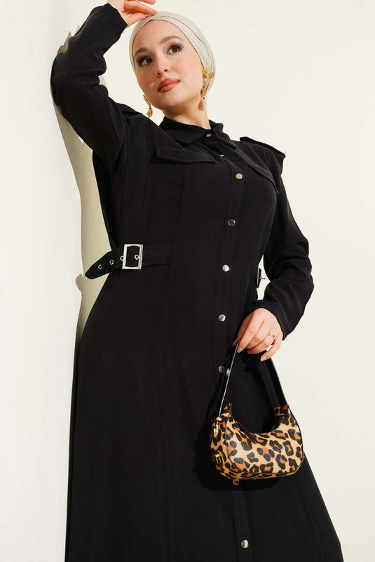 Full-Length Dress with Side Belt and Buttons, Tencel, Black