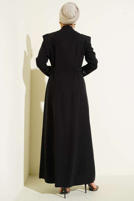 Full-Length Dress with Side Belt and Buttons, Tencel, Black