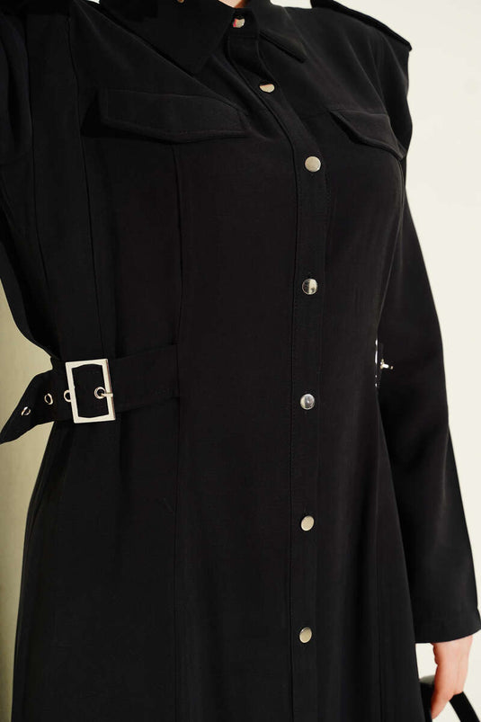 Full-Length Dress with Side Belt and Buttons, Tencel, Black