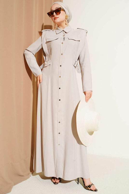 Full-Length Buttoned Side Belt Tencel Dress Stone