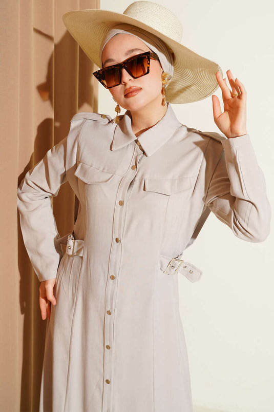 Full-Length Buttoned Side Belt Tencel Dress Stone