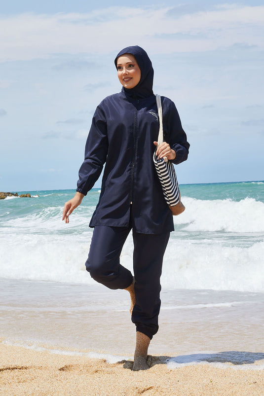 Maillot de bain modeste à taille ajustable et fermeture éclair intégrale, bleu marine clair