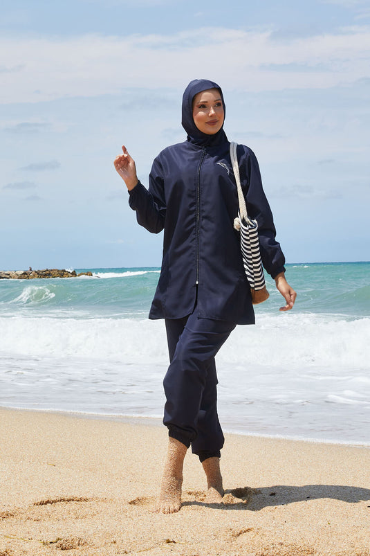 Maillot de bain modeste à taille ajustable et fermeture éclair intégrale, bleu marine clair