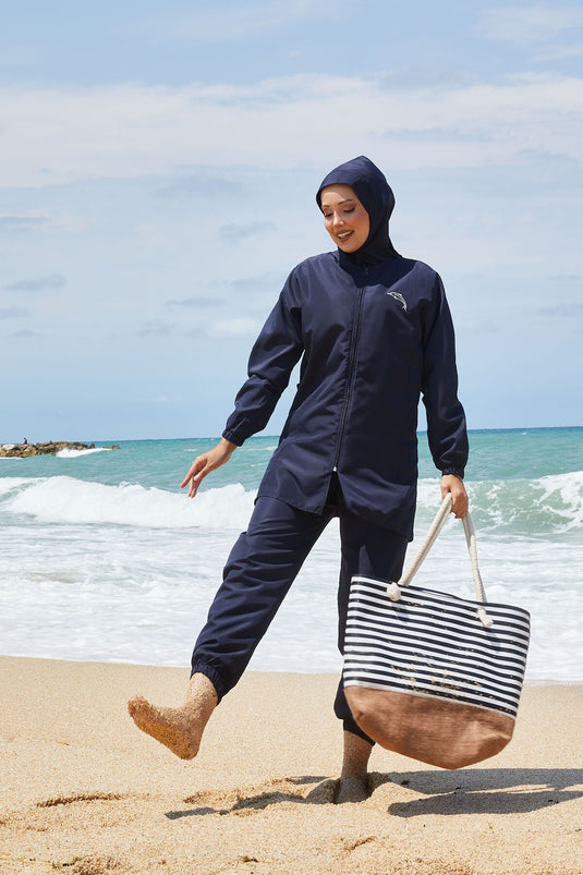 Maillot de bain modeste à taille ajustable et fermeture éclair intégrale, bleu marine clair