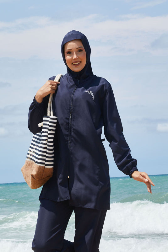 Maillot de bain modeste à taille ajustable et fermeture éclair intégrale, bleu marine clair