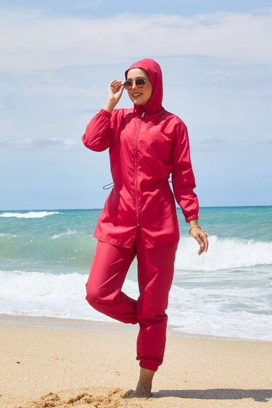Full-Zip Adjustable Waist Modest Swimsuit Fuchsia