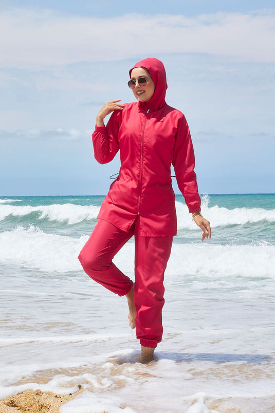 Full Zipper Adjustable Waist Modest Swimsuit Fuchsia