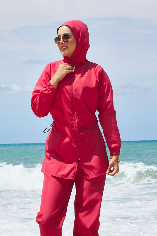 Full-Zip Adjustable Waist Modest Swimsuit Fuchsia