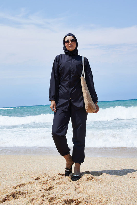 Maillot de bain hijab bleu marine avec taille ajustable et fermeture éclair au cou