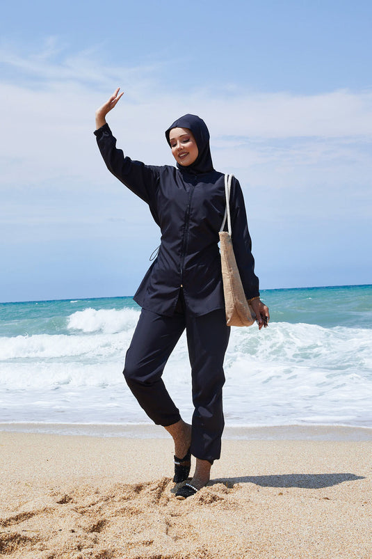 Maillot de bain hijab bleu marine avec taille ajustable et fermeture éclair au cou