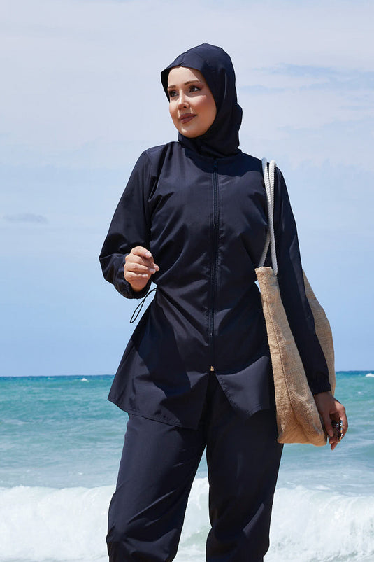 Maillot de bain hijab bleu marine avec taille ajustable et fermeture éclair au cou