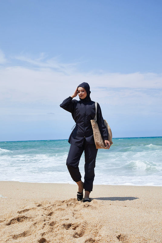 Maillot de bain hijab bleu marine avec taille ajustable et fermeture éclair au cou