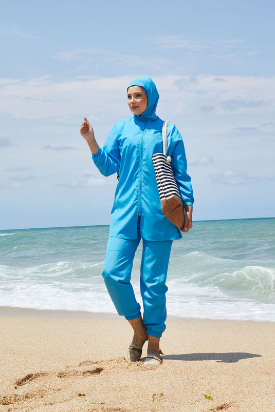 Maillot de bain modeste à taille ajustable et fermeture éclair intégrale, bleu