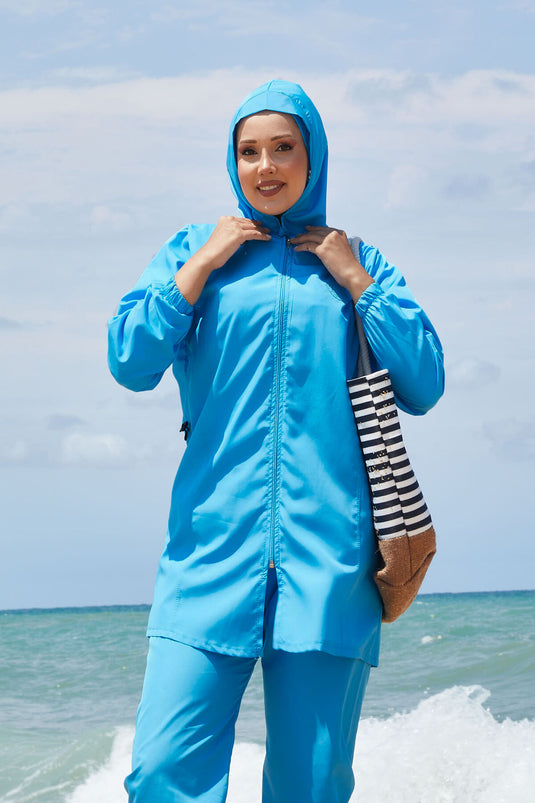 Maillot de bain modeste à taille ajustable et fermeture éclair intégrale, bleu