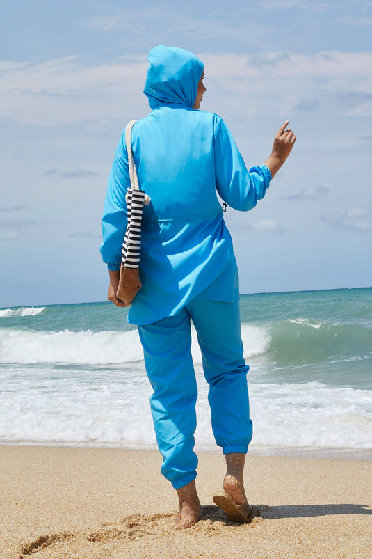 Maillot de bain modeste à taille ajustable et fermeture éclair intégrale, bleu