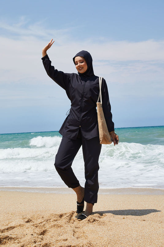 Maillot de bain hijab noir à taille ajustable et fermeture éclair intégrale
