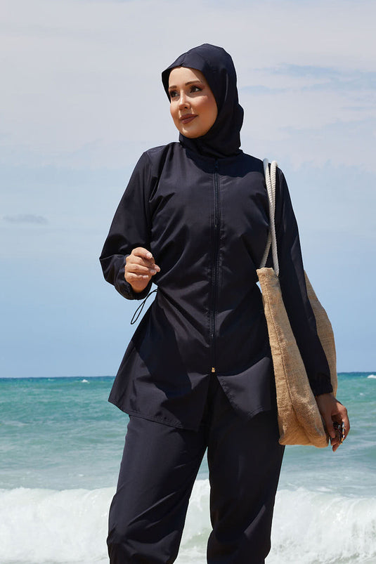 Maillot de bain hijab noir à taille ajustable et fermeture éclair intégrale