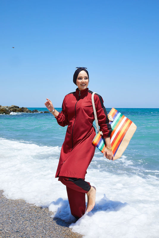 Full Zippered, Garnished Modest Swimsuit in Burgundy