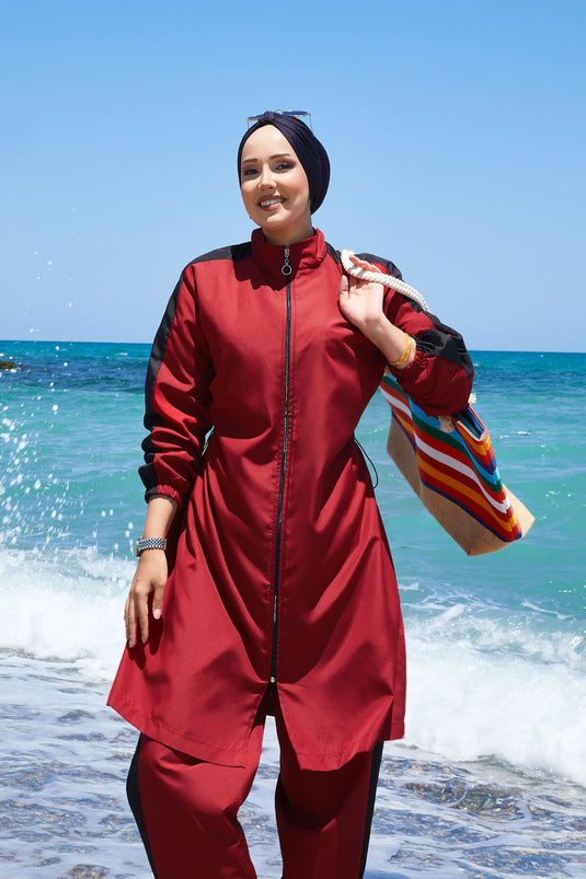 Full Zippered, Garnished Modest Swimsuit in Burgundy