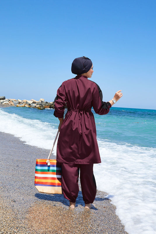 Maillot de bain hijab entièrement zippé et garni, bordeaux foncé
