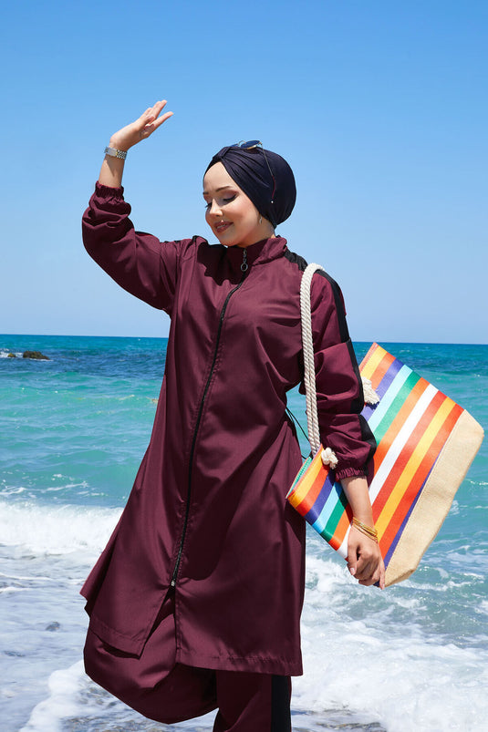 Maillot de bain hijab entièrement zippé et garni, bordeaux foncé