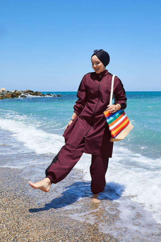 Maillot de bain hijab entièrement zippé et garni, bordeaux foncé