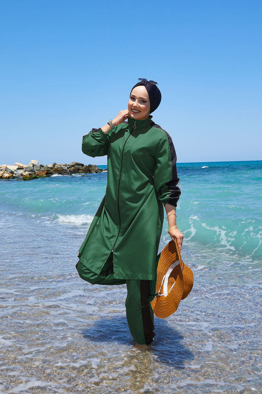 Maillot de bain modeste entièrement zippé et garni, couleur émeraude